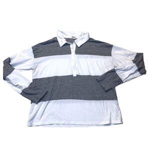 Heart & Hips Womens Gray White Striped Long Sleeve Cropped Rugby Polo Shirt Sz M